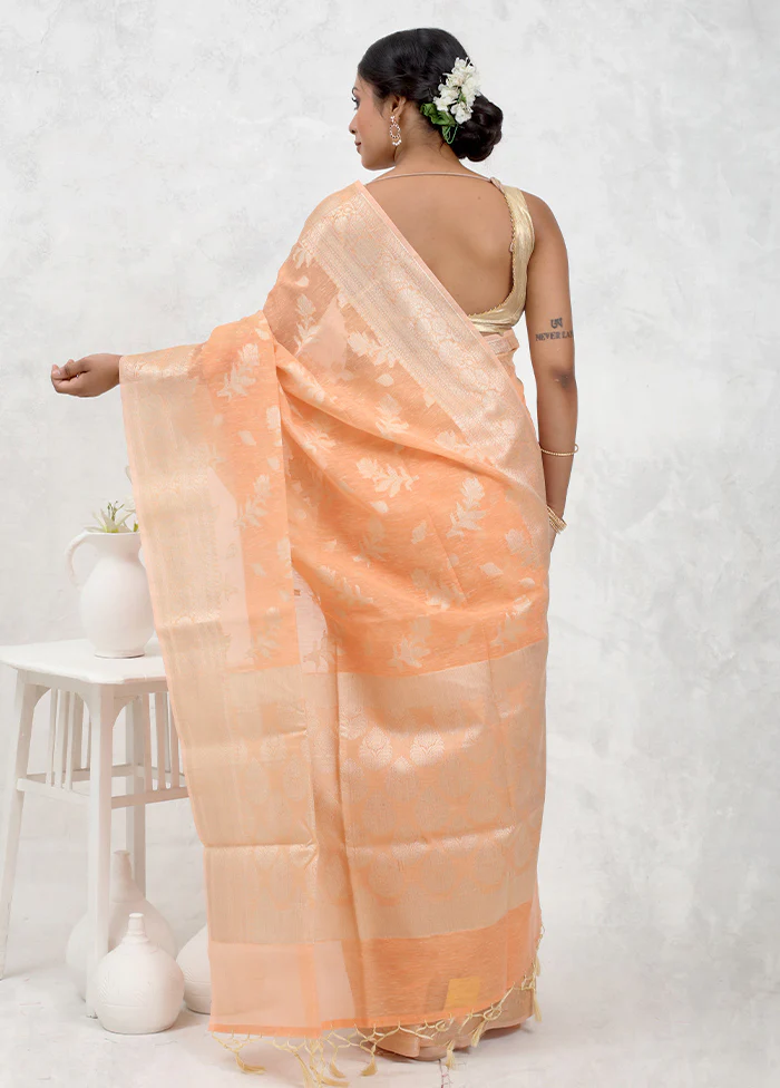 Orange Kora Silk Saree With Blouse Piece - Image 3