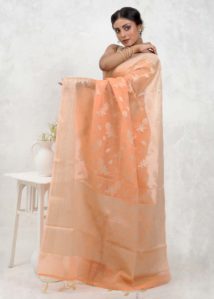 Orange Kora Silk Saree With Blouse Piece - Image 4