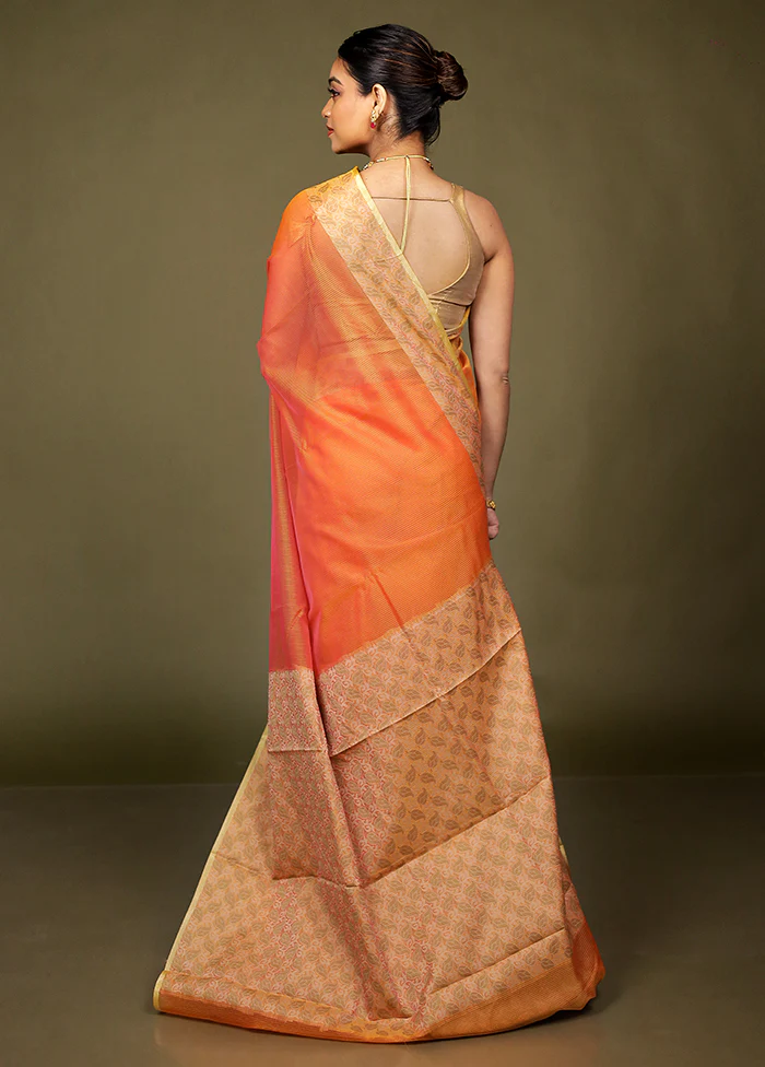 Orange Kota Cotton Saree With Blouse Piece - Image 3
