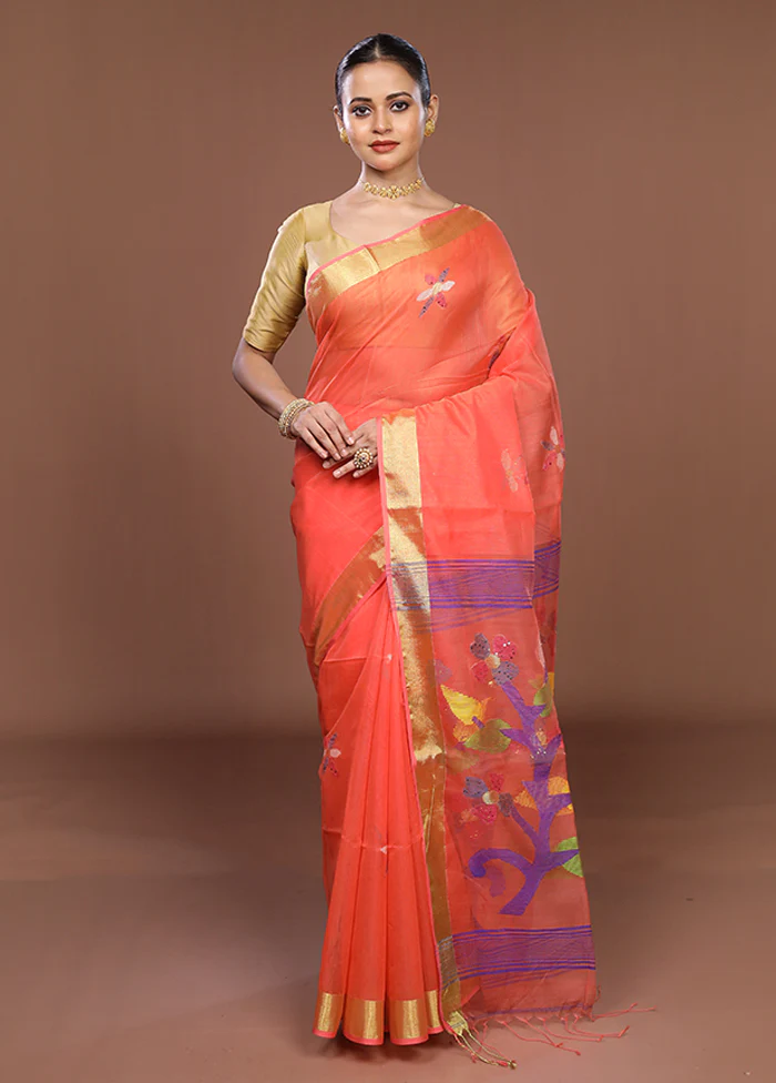 Orange Matka Silk Saree With Blouse Piece - Image 2