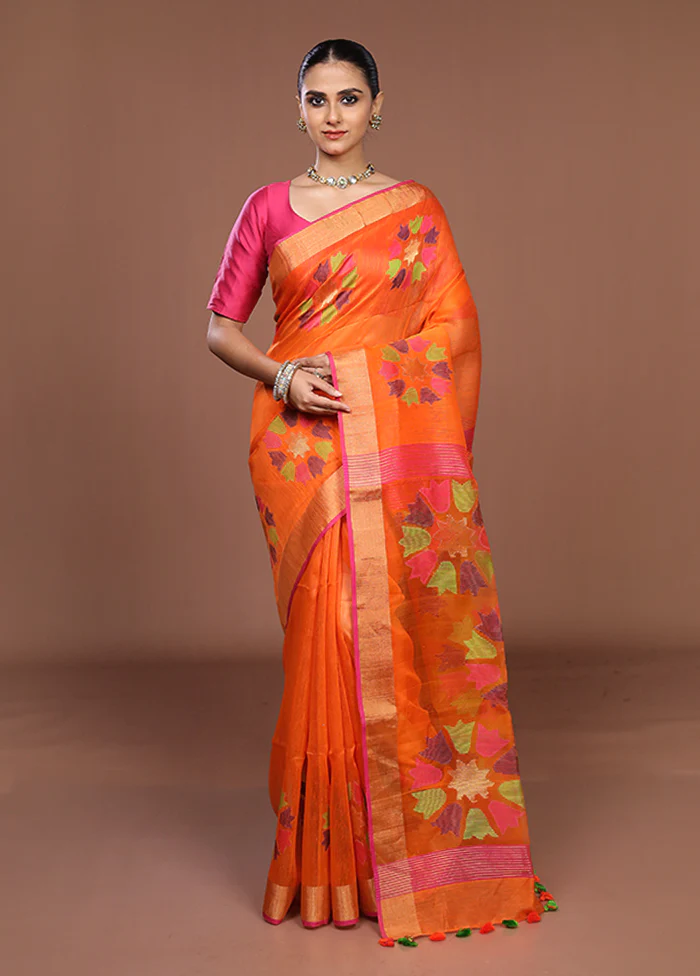 Orange Matka Silk Saree With Blouse Piece - Image 2