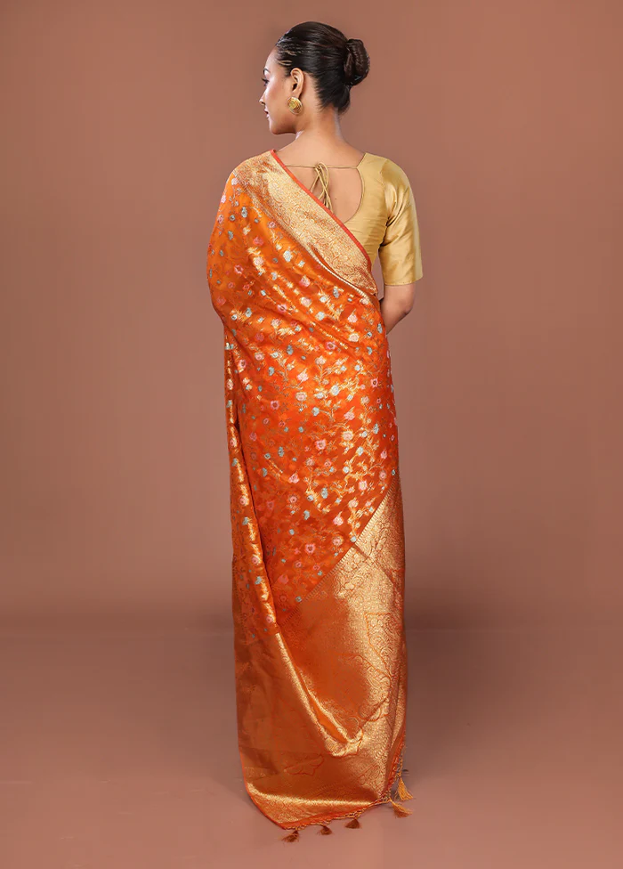 Orange Organza Saree With Blouse Piece - Image 3