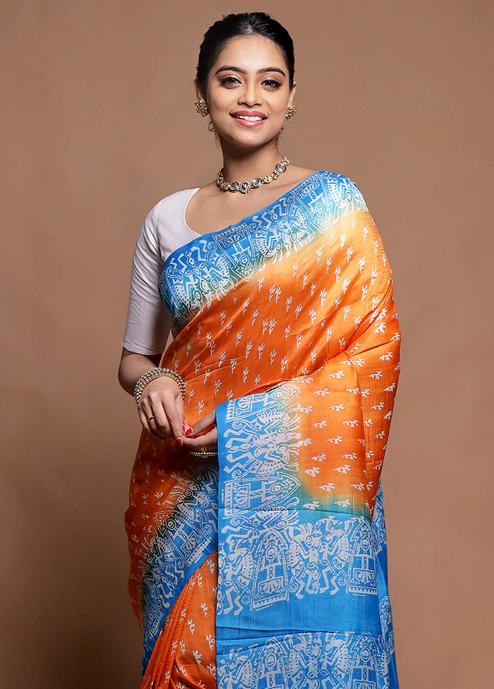 Orange Printed Pure Silk Saree Without Blouse Piece - Image 2