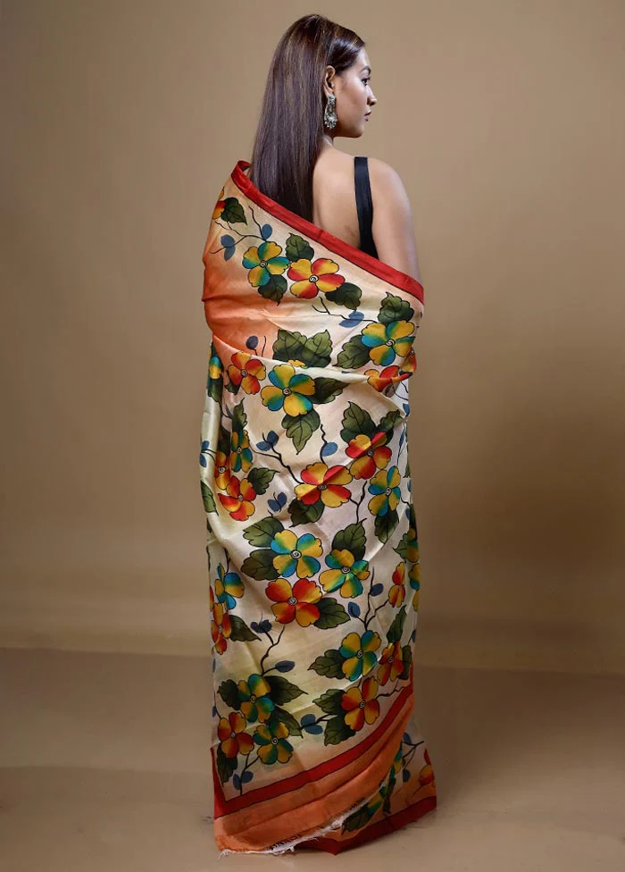 Orange Printed Pure Silk Saree Without Blouse Piece - Image 3