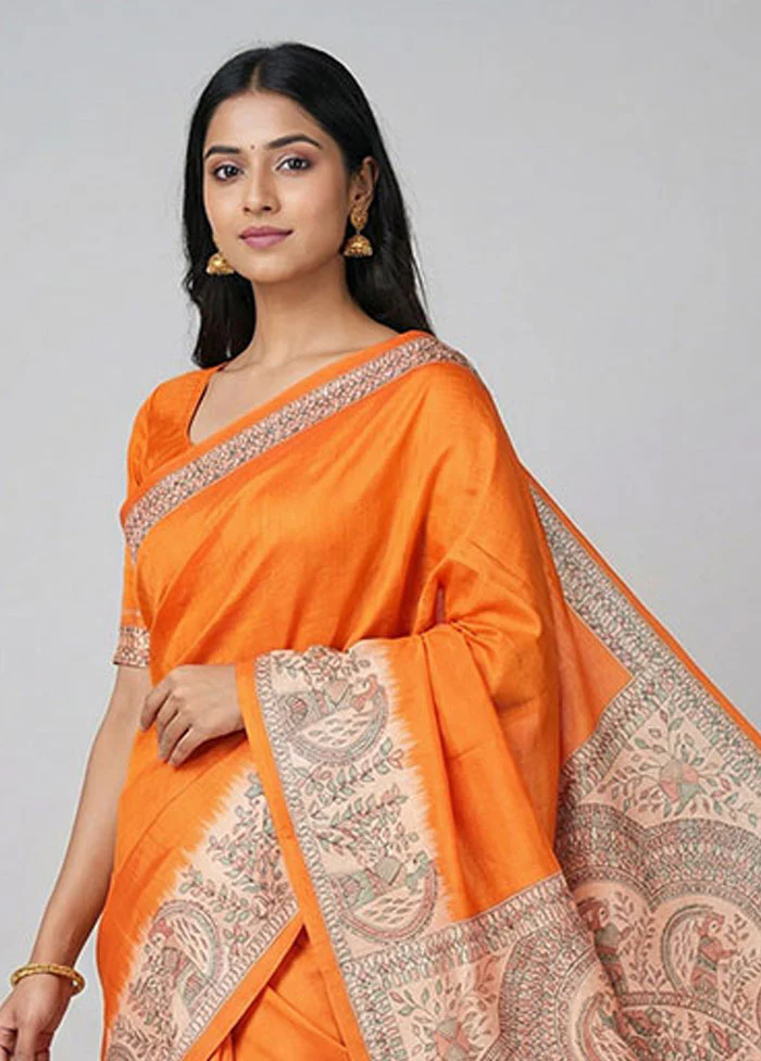 Orange Printed Silk Saree Without Blouse Piece - Image 2