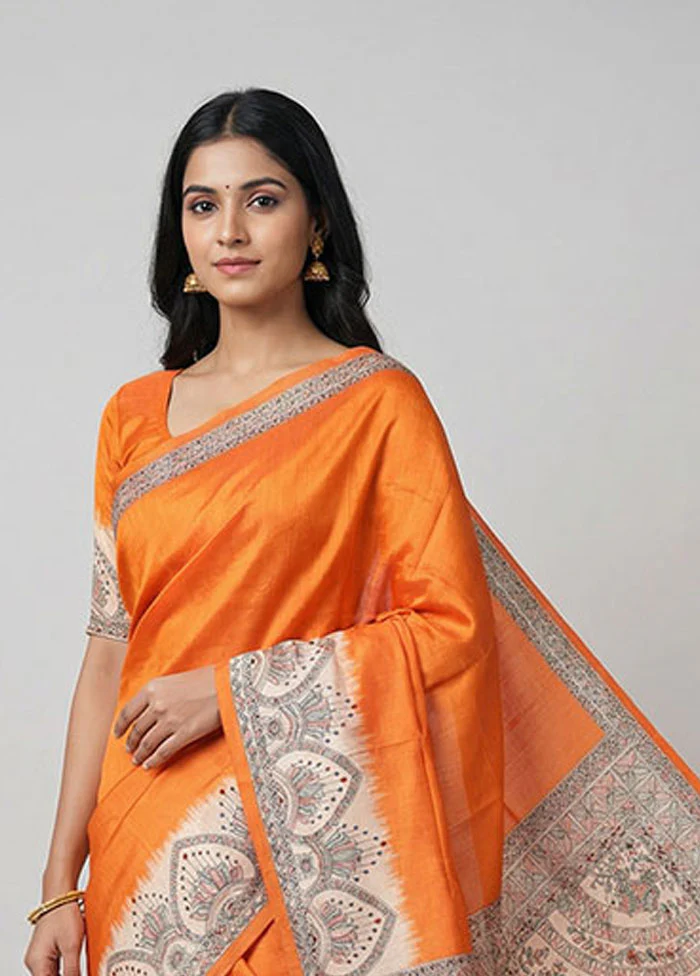 Orange Printed Silk Saree Without Blouse Piece - Image 2