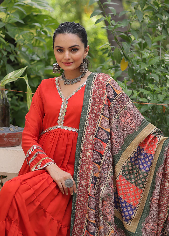 Red Printed Work Silk Gown With Dupatta Set - Image 2