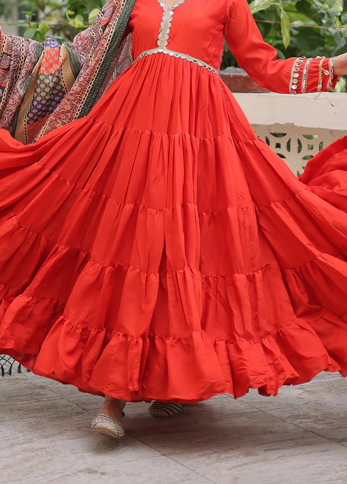 Red Printed Work Silk Gown With Dupatta Set - Image 3