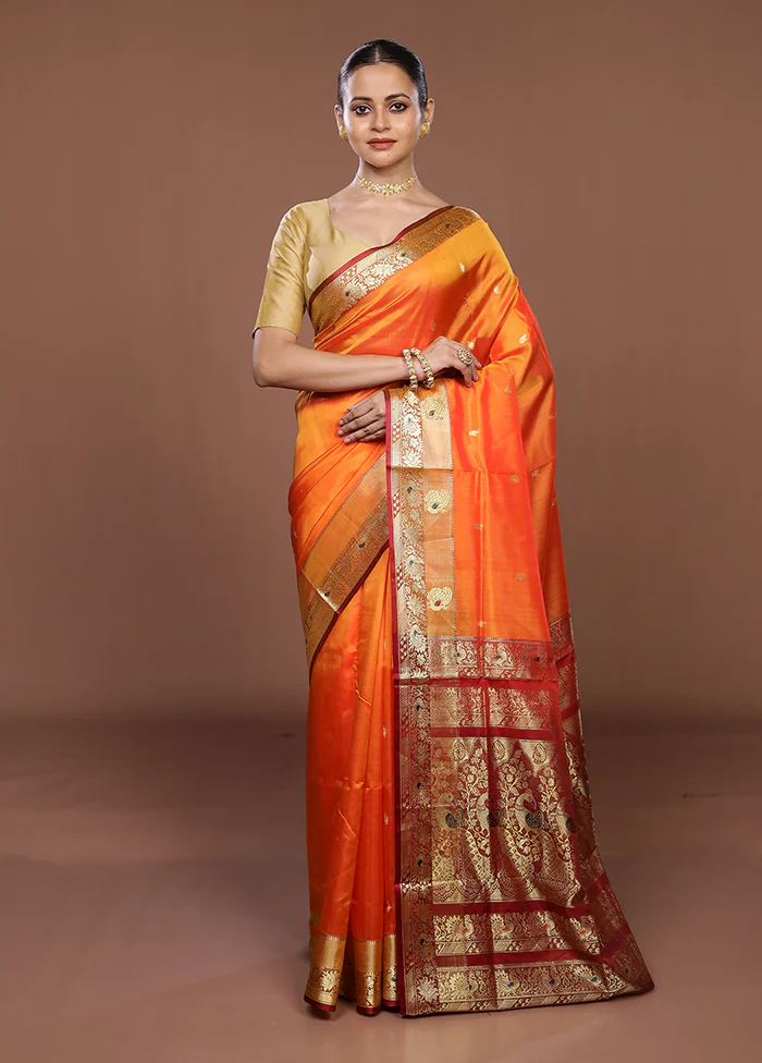 Orange Pure Cotton Saree With Blouse Piece - Image 2