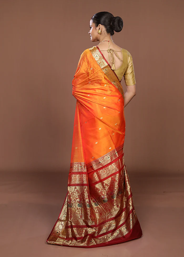 Orange Pure Cotton Saree With Blouse Piece - Image 3