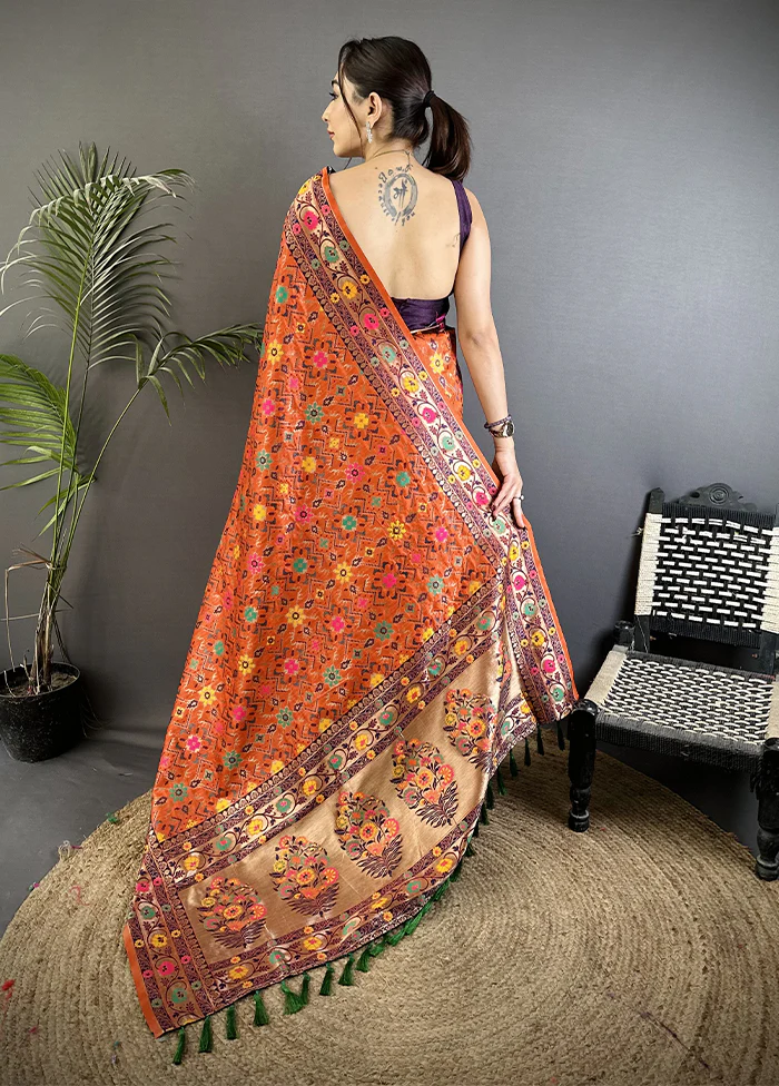 Orange Spun Silk Saree With Blouse Piece - Image 3