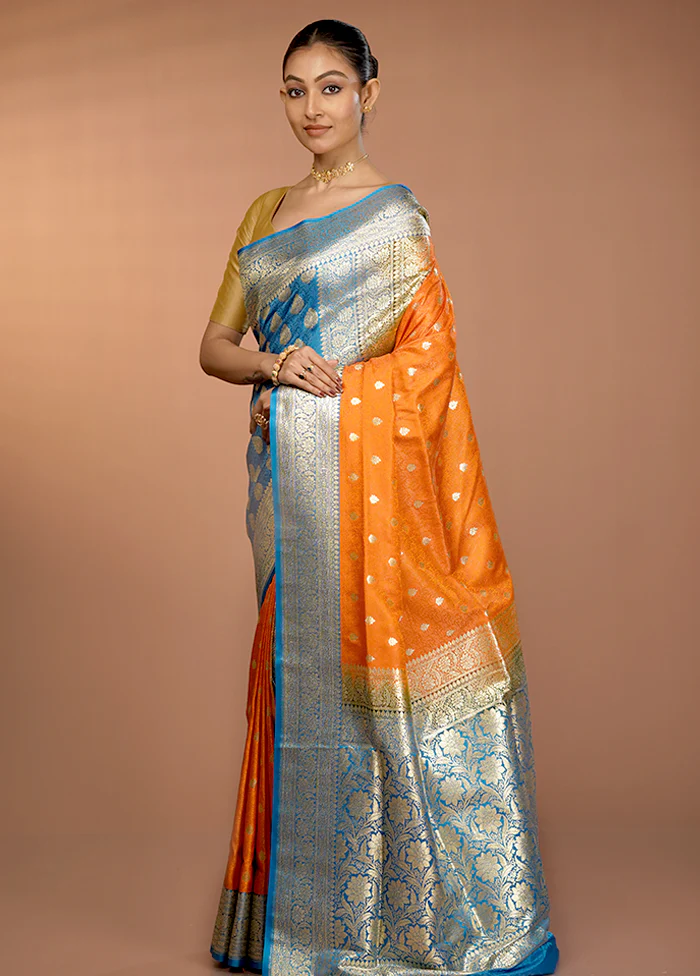 Orange Tanchoi Silk Saree With Blouse Piece - Image 4