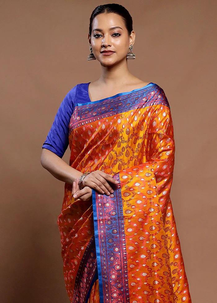Orange Tanchoi Silk Saree With Blouse Piece - Image 2