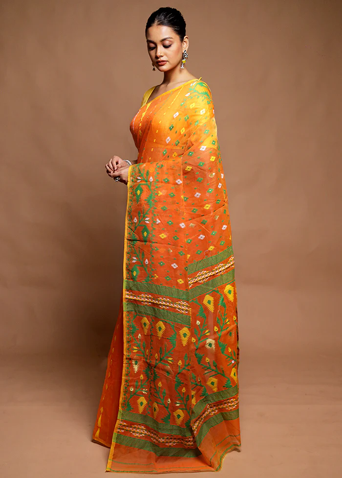 Orange Tant Jamdani Saree Without Blouse Piece - Image 4
