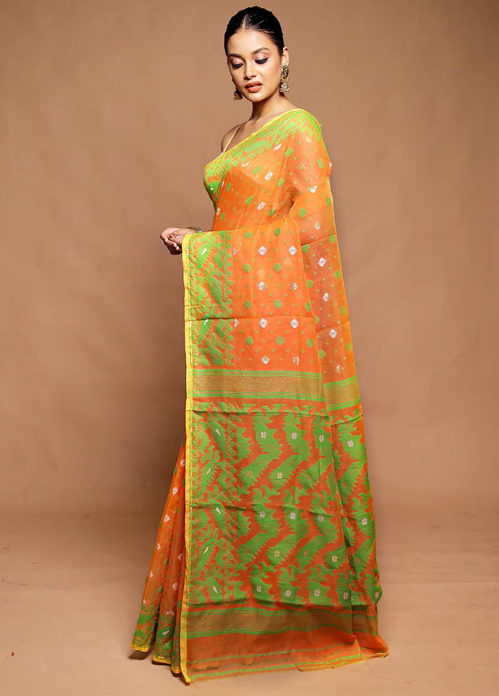 Orange Tant Jamdani Saree Without Blouse Piece - Image 4