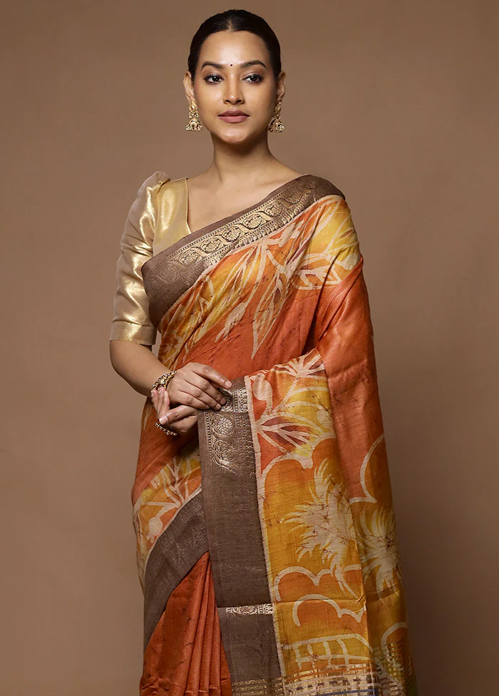Orange Tussar Silk Saree With Blouse Piece - Image 2