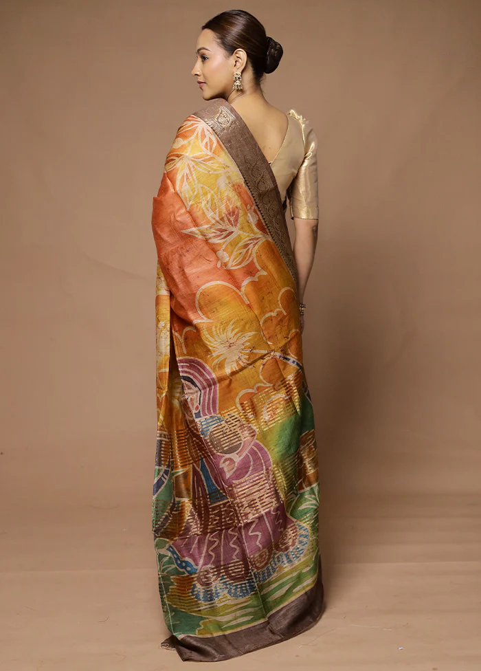 Orange Tussar Silk Saree With Blouse Piece - Image 3