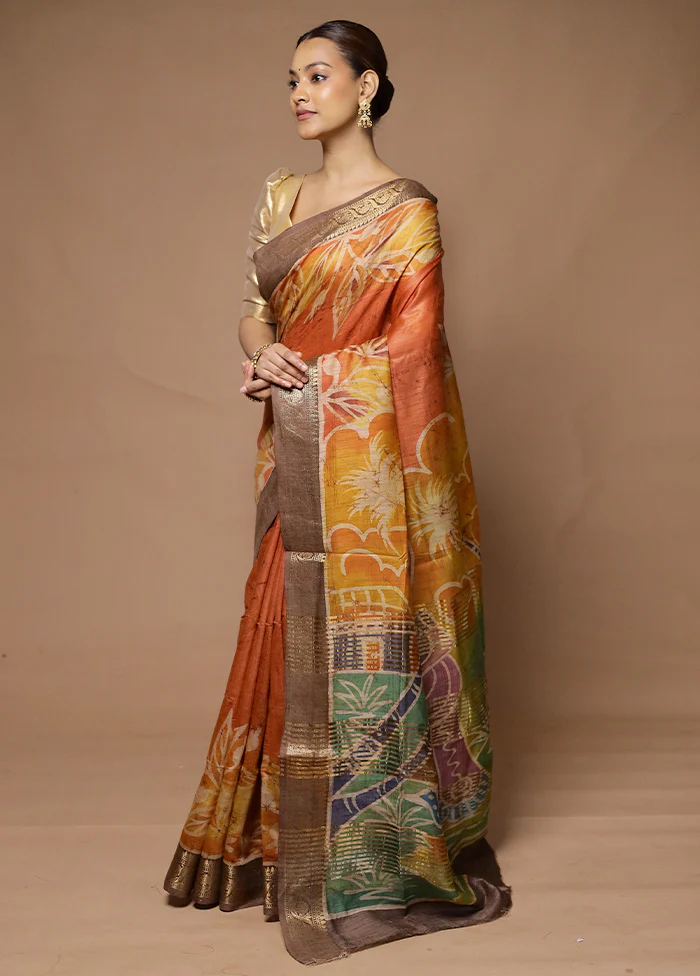 Orange Tussar Silk Saree With Blouse Piece - Image 4