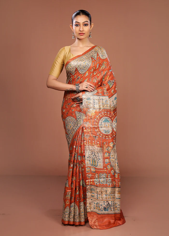 Orange Tussar Silk Saree With Blouse Piece - Image 2