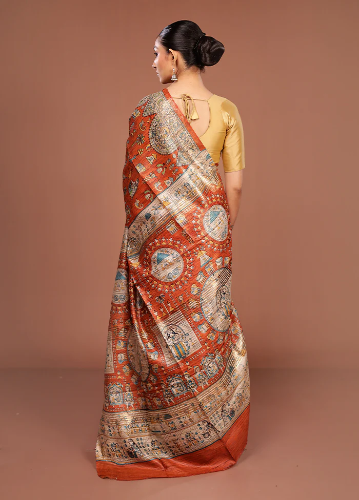 Orange Tussar Silk Saree With Blouse Piece - Image 3