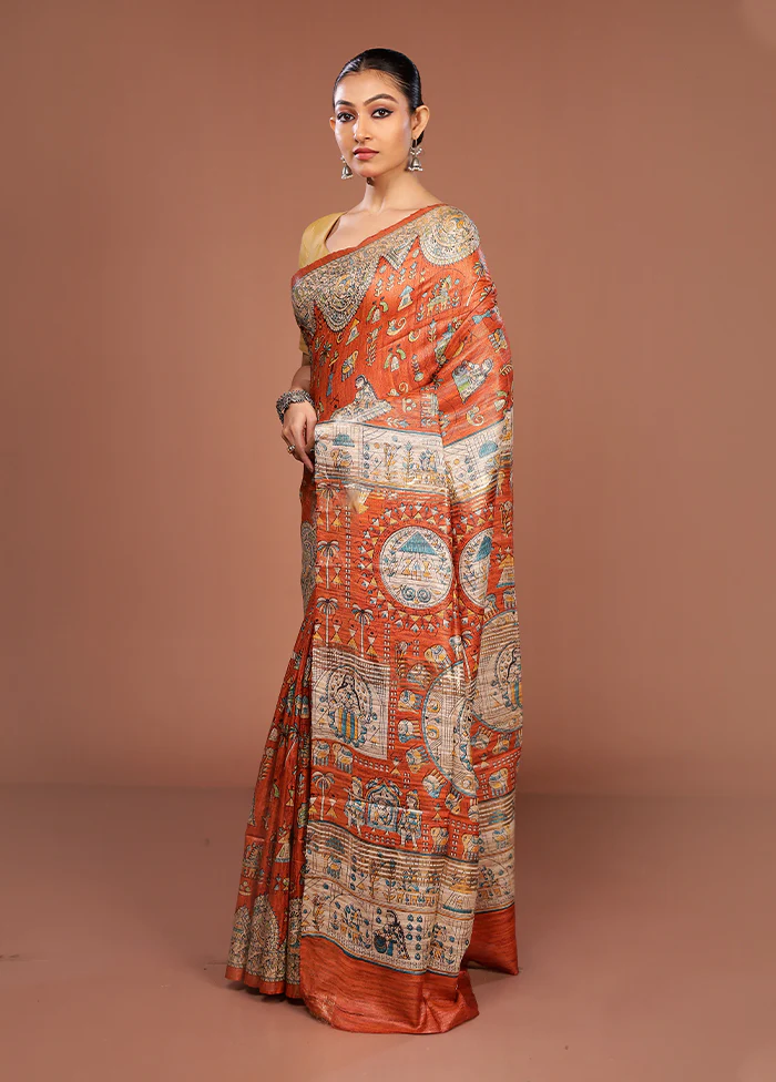 Orange Tussar Silk Saree With Blouse Piece - Image 4