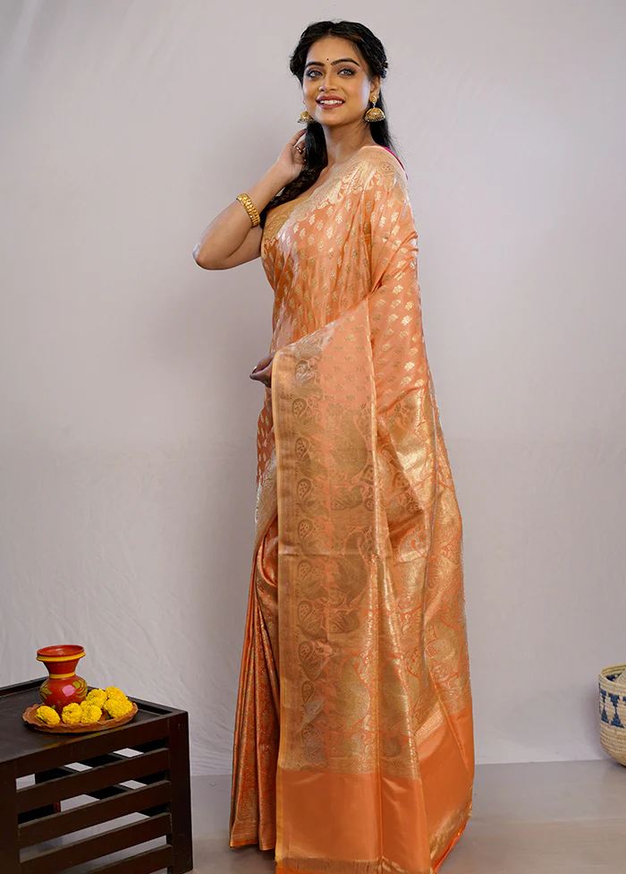 Peach Banarasi Pure Silk Saree With Blouse Piece - Image 5