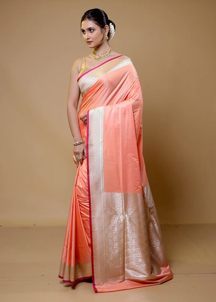 Peach Banarasi Silk Saree With Blouse Piece - Image 4