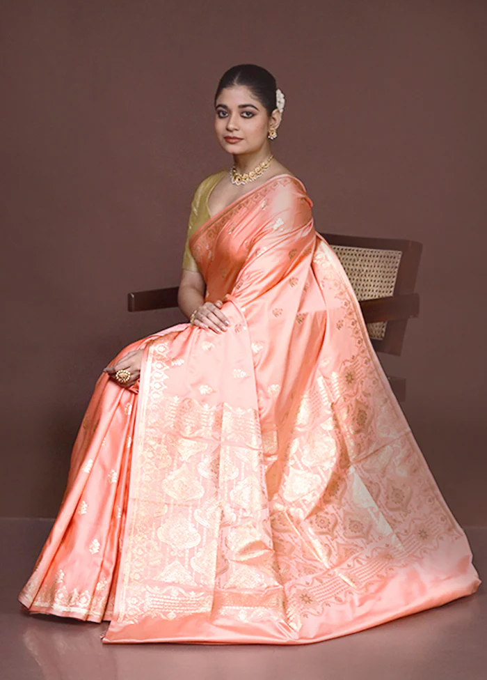 Peach Banarasi Silk Saree With Blouse Piece - Image 4
