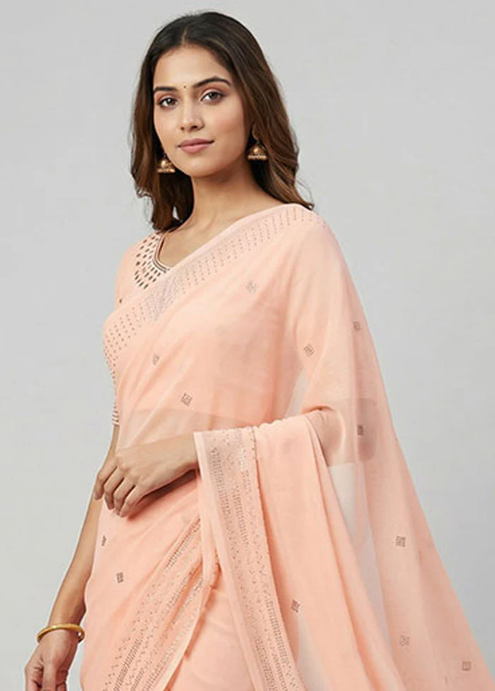 Peach Chiffon Silk Saree With Blouse Piece - Image 2