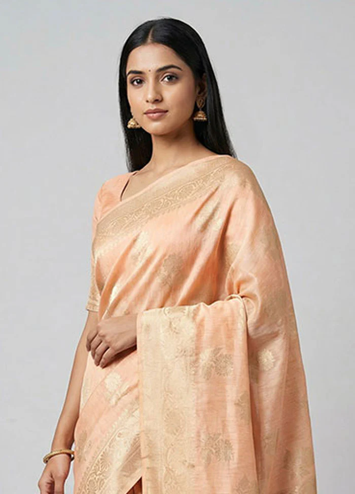 Peach Cotton Saree With Blouse Piece - Image 2