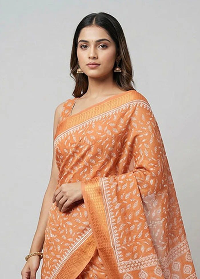 Peach Cotton Saree With Blouse Piece - Image 2