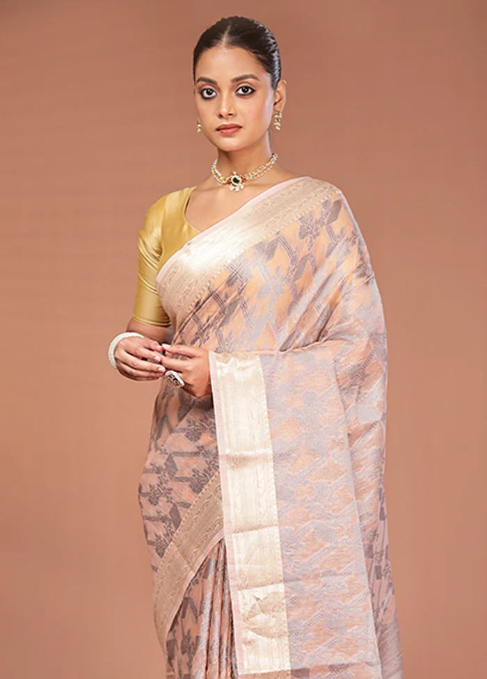 Peach Cotton Saree With Blouse Piece