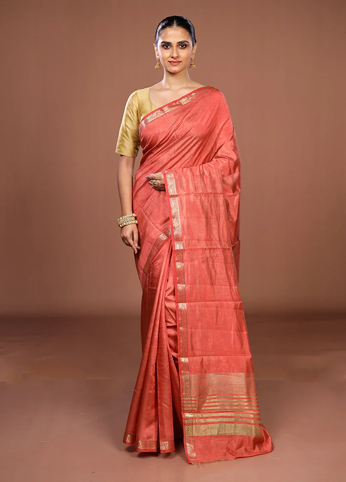 Peach Dupion Silk Saree With Blouse Piece - Image 2