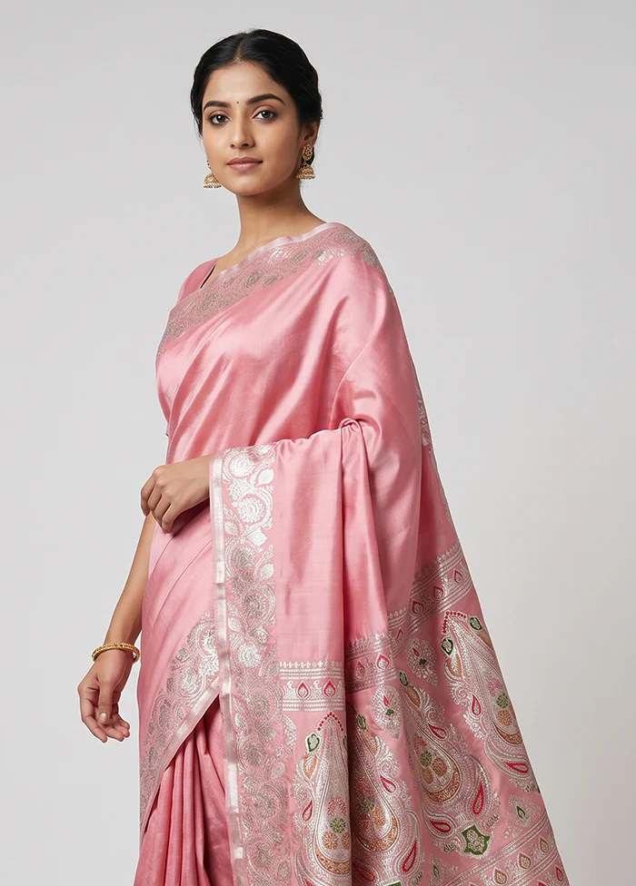 Peach Handloom Banarasi Pure Silk Saree With Blouse Piece - Image 2