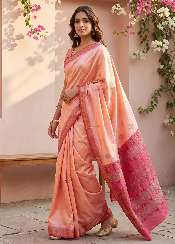 Peach Handloom Bomkai Pure Silk Saree With Blouse Piece