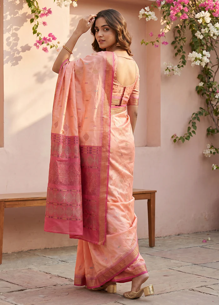 Peach Handloom Bomkai Pure Silk Saree With Blouse Piece - Image 3