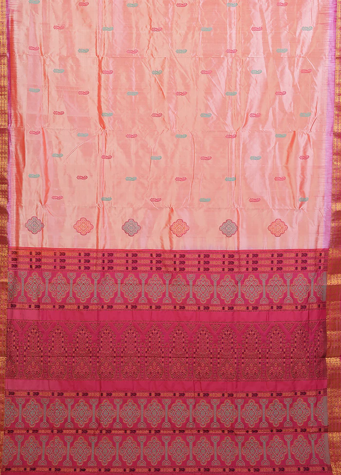 Peach Handloom Bomkai Pure Silk Saree With Blouse Piece - Image 4