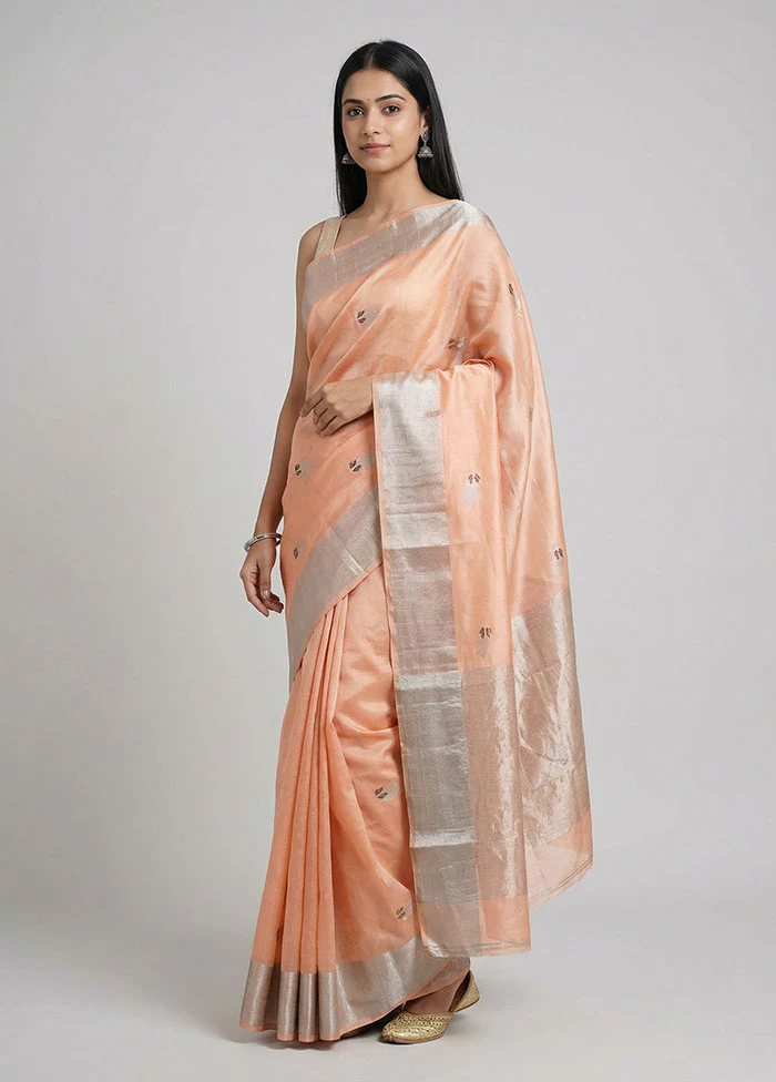 Peach Handloom Chanderi Pure Silk Saree With Blouse Piece