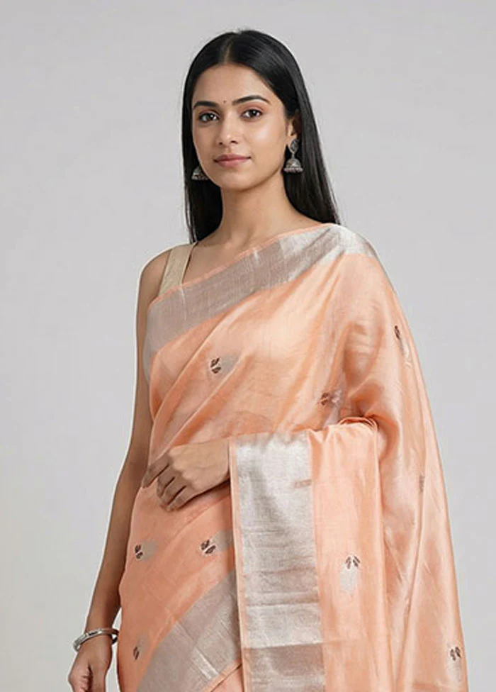 Peach Handloom Chanderi Pure Silk Saree With Blouse Piece - Image 2