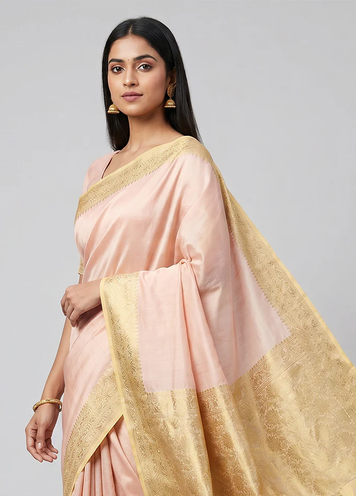 Peach Handloom Dupion Pure Silk Saree With Blouse Piece - Image 2