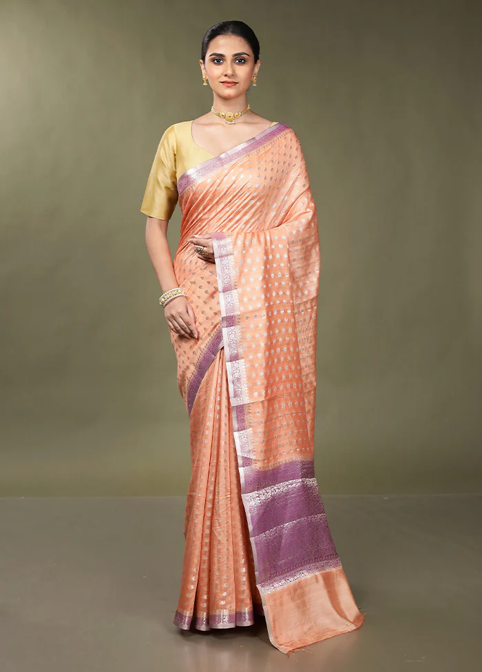 Peach Handloom Dupion Pure Silk Saree With Blouse Piece - Image 2