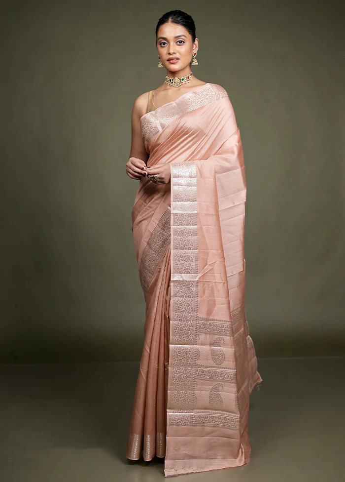 Peach Handloom Dupion Pure Silk Saree With Blouse Piece - Image 2