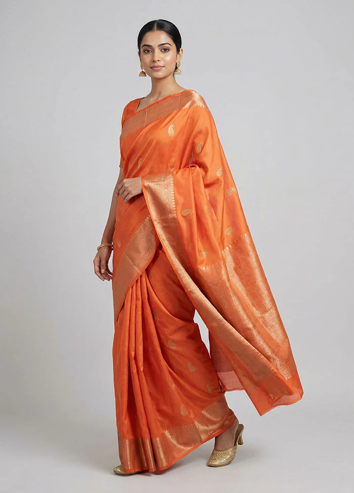 Peach Handloom Kanchipuram Pure Silk Saree With Blouse Piece