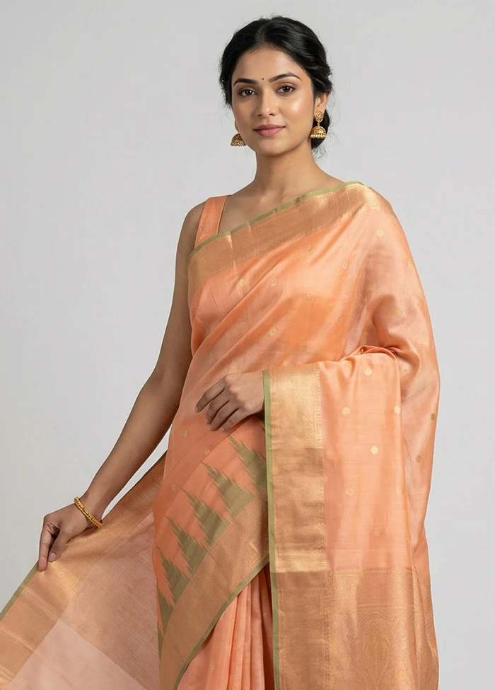 Peach Handloom Kanchipuram Pure Silk Saree With Blouse Piece - Image 2