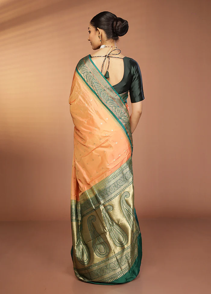 Peach Handloom Kanjivaram Pure Silk Saree With Blouse Piece - Image 3