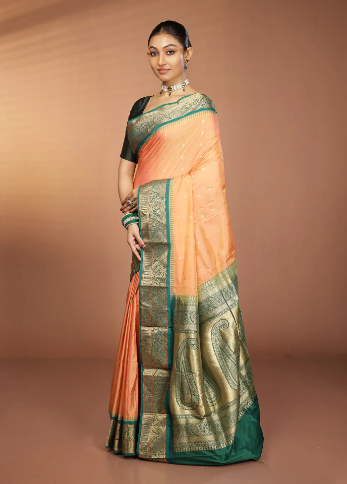 Peach Handloom Kanjivaram Pure Silk Saree With Blouse Piece - Image 4