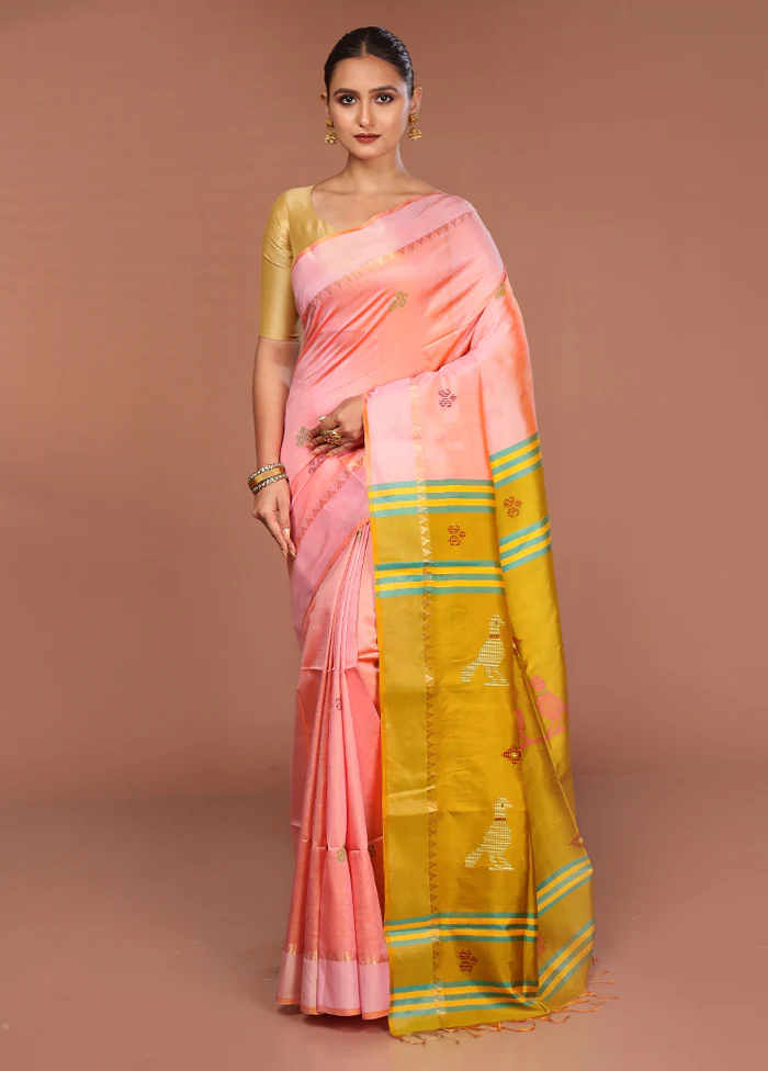 Peach Handloom Kalakshetra Pure Silk Saree With Blouse Piece - Image 2