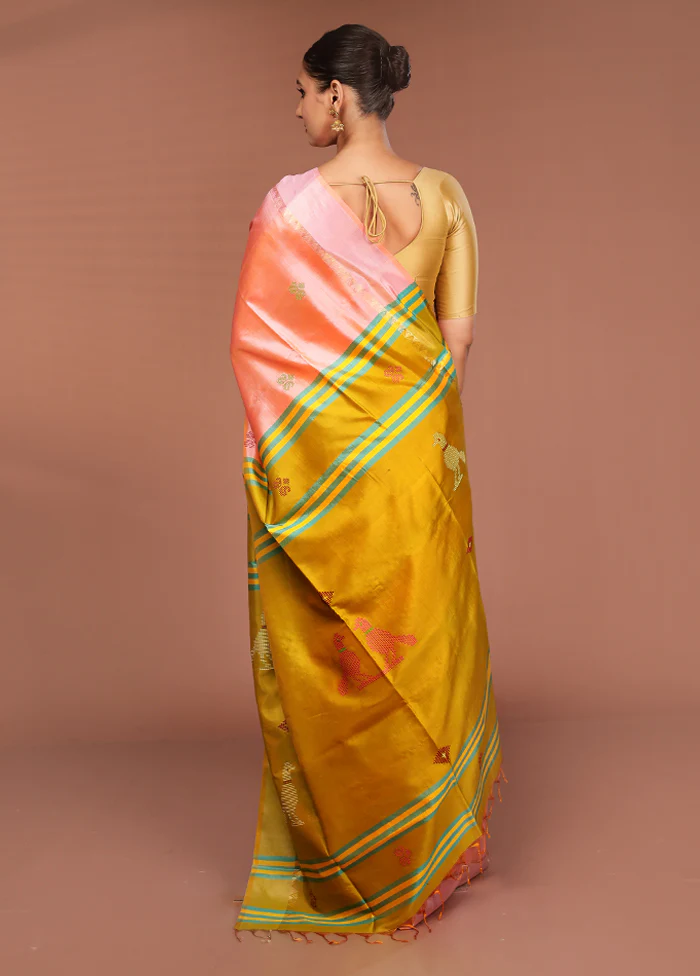 Peach Handloom Kalakshetra Pure Silk Saree With Blouse Piece - Image 3
