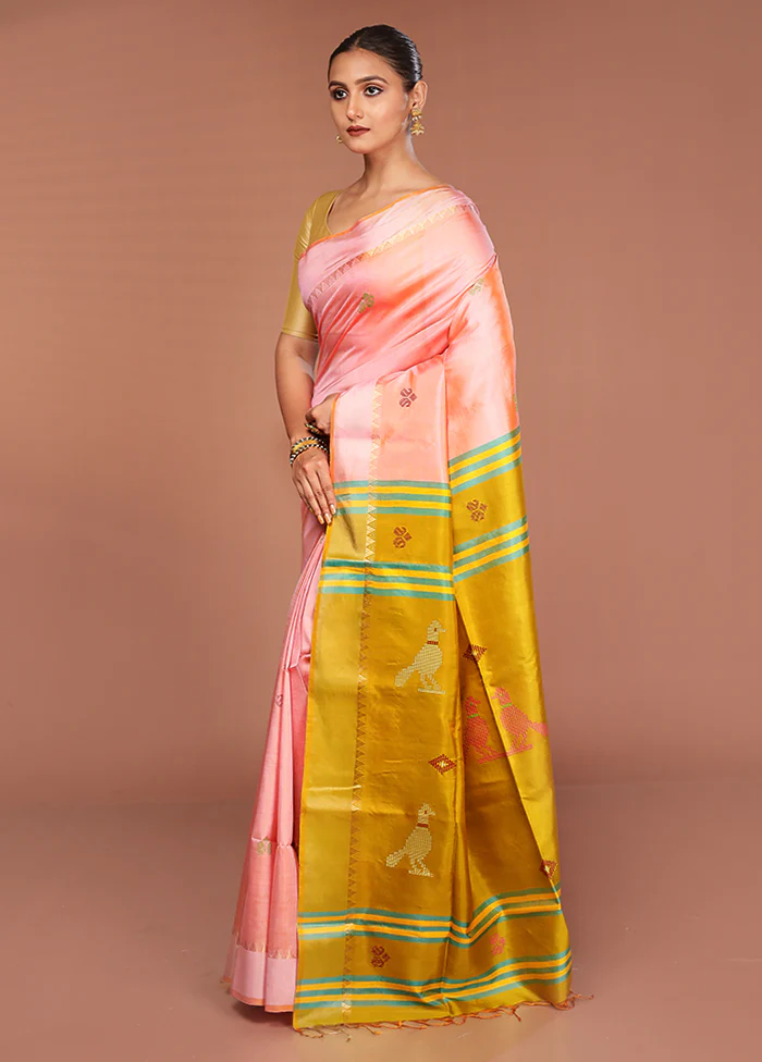 Peach Handloom Kalakshetra Pure Silk Saree With Blouse Piece - Image 4