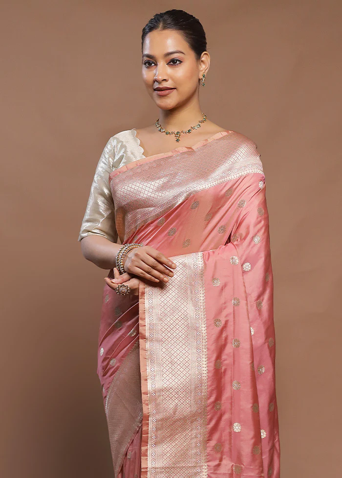 Peach Handloom Katan Pure Silk Saree With Blouse Piece - Image 2